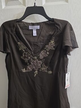 Nine & Co. Chocolate Brown Floral Embroidered V-Neck Blouse Size 10